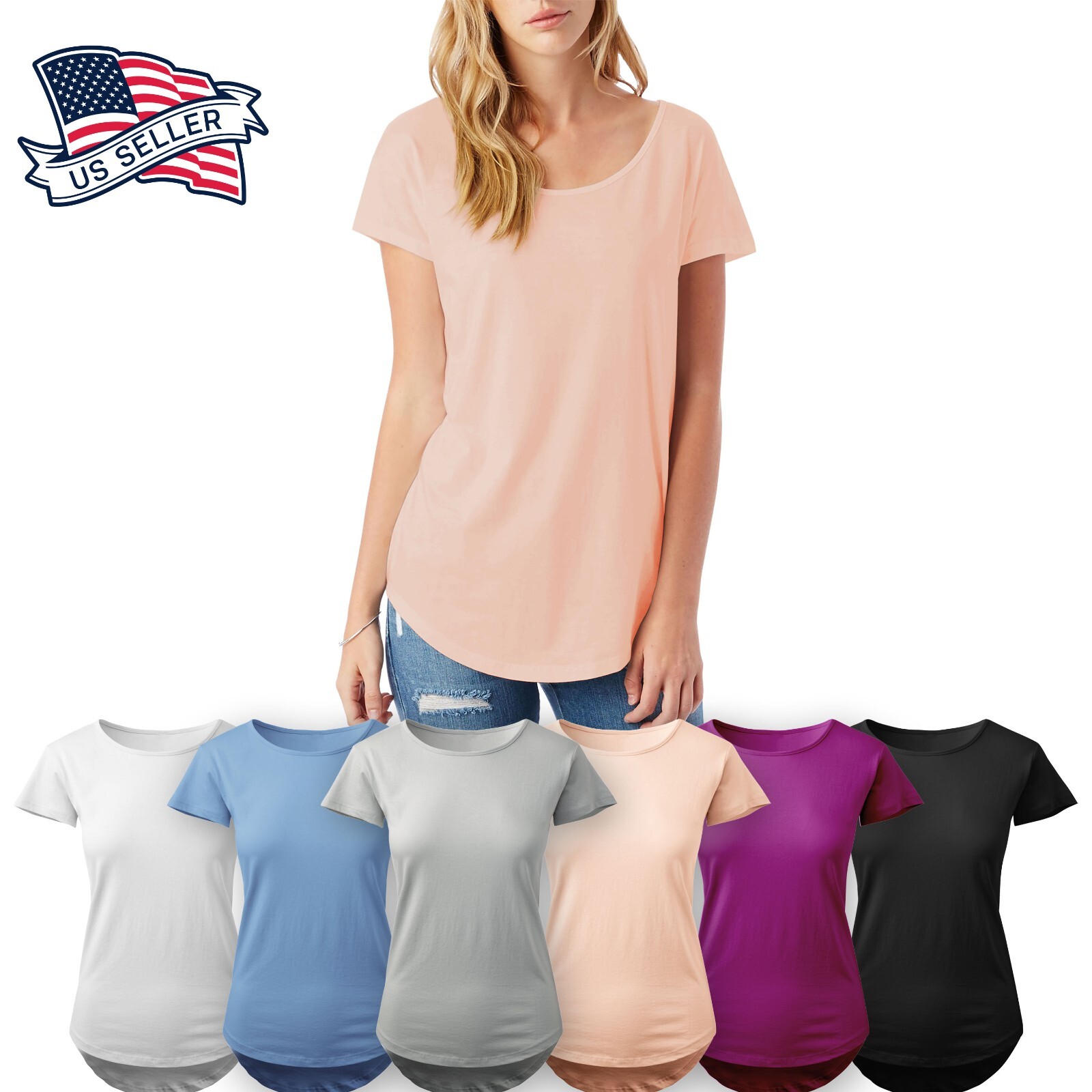 Women Basic Longline Tee Solid Top Plain Cotton T-Shirt Stretch Tight Crew Neck