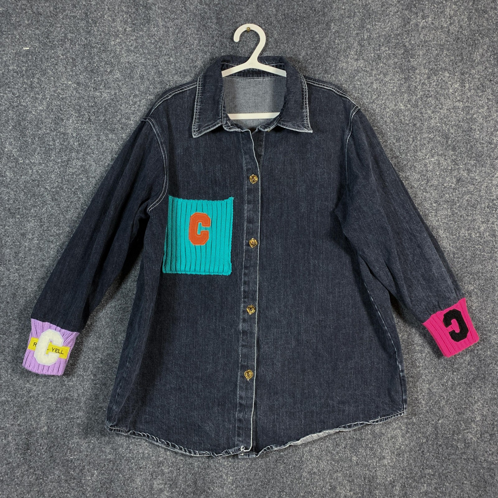 Hand Made Studios Denim Shirt Womens Large Dark Wash C Patch Colorblock Cuffs