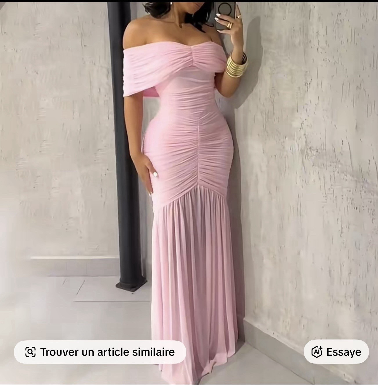 Women’s S Regular Pink Solid Off Shoulder Short Sleeve Ruched Maxi Long Dress