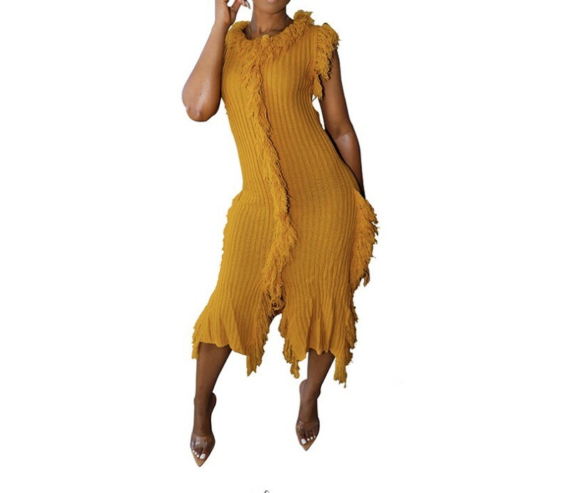 Women O-Neck Sleeveless Knitted Tassel Casual Slim Night Club Midi Dresses #A8