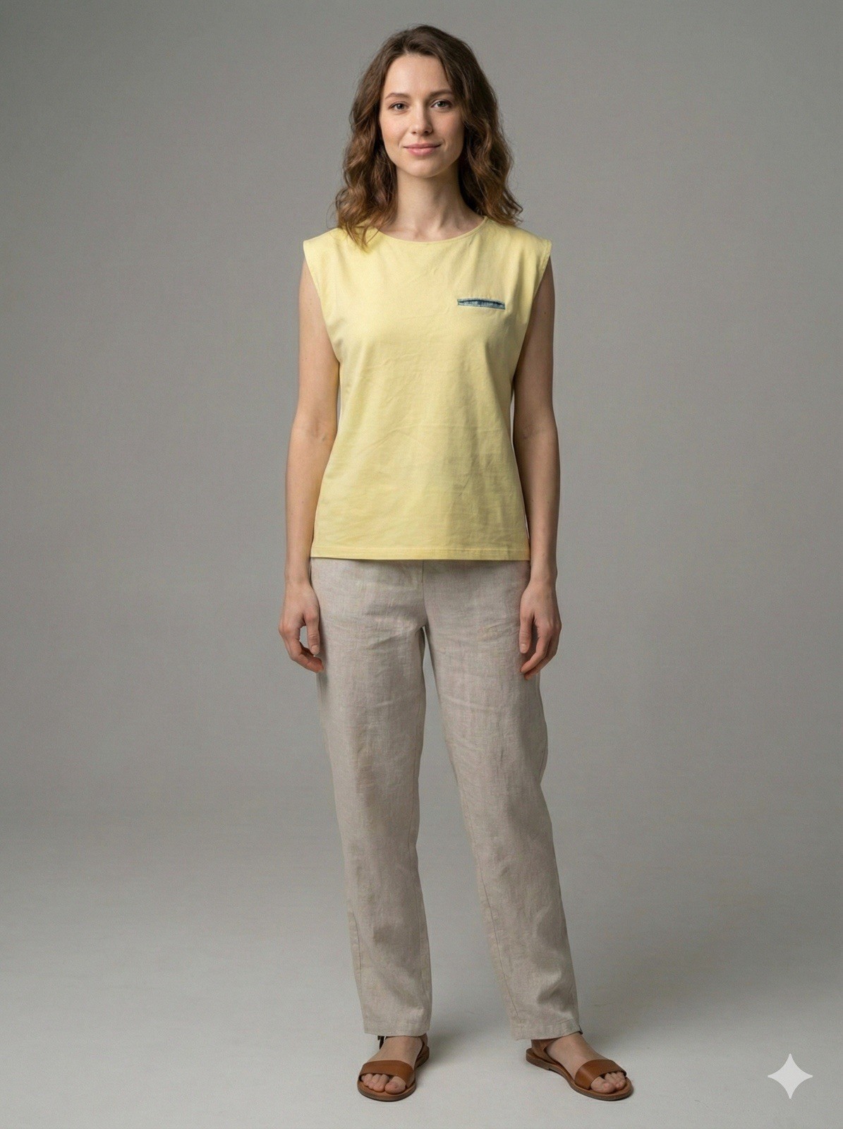 CHERESHNIVSKA Designer Sleeveless Top Yellow Architectural Minimalist Size 36 S