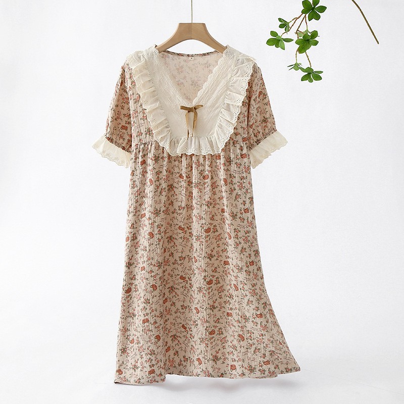 Cotton Long Nightdress Short Sleeve Lace Nightgowns Soft Sleepwear