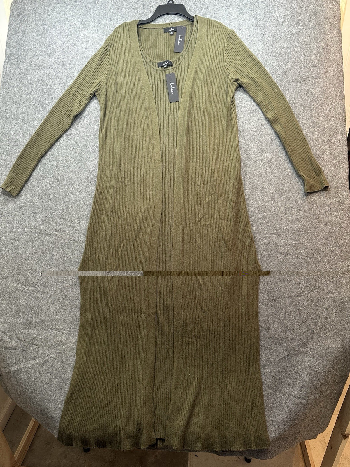 Lulus, Layer Lover Olive Green Ribbed Knit Two-Piece Dress/Cardigan Set, XL