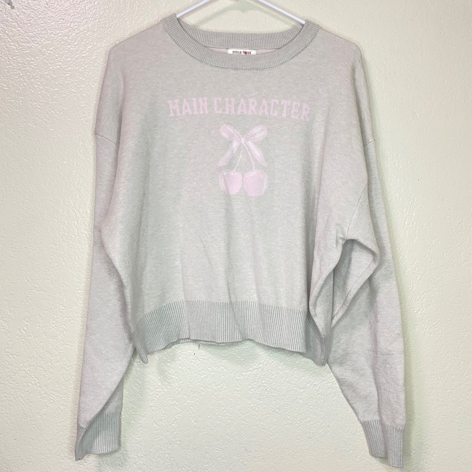 Stella Tweed Main Character Cherry Bow Graphic Knit Sweater Grey Size Large