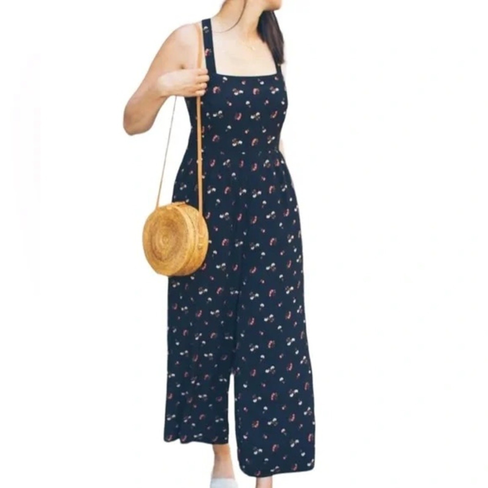 Madewell black floral flower sleeveless wide leg cropped jumpsuit size 2 b60