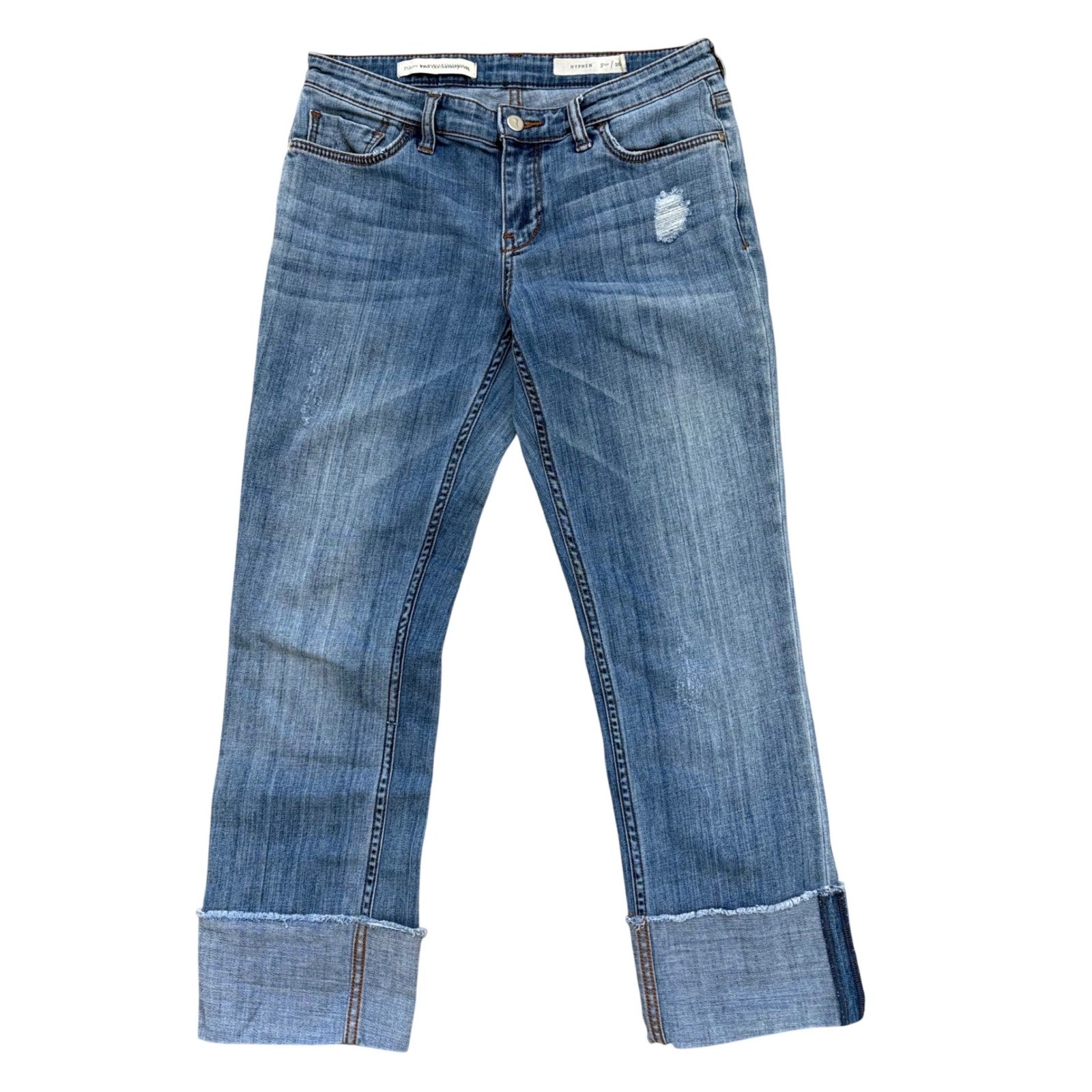 Pilcro Anthropologie Hyphen Jeans Sz 26 Cropped Cuffed Raw Hem Stretch Festival