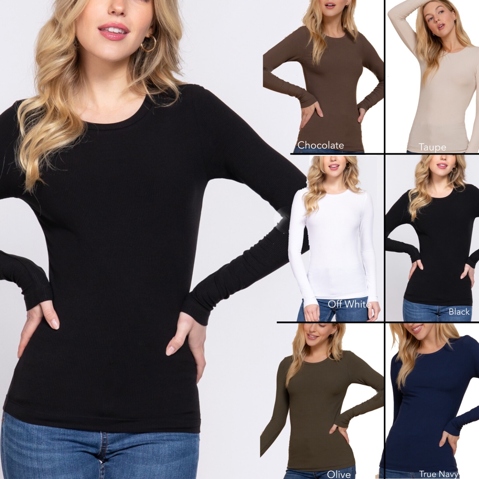 Active Basic 13650 Crew Neck Rayon Fitted 2X2 Rib Knit Long Sleeve Top Slim Fit