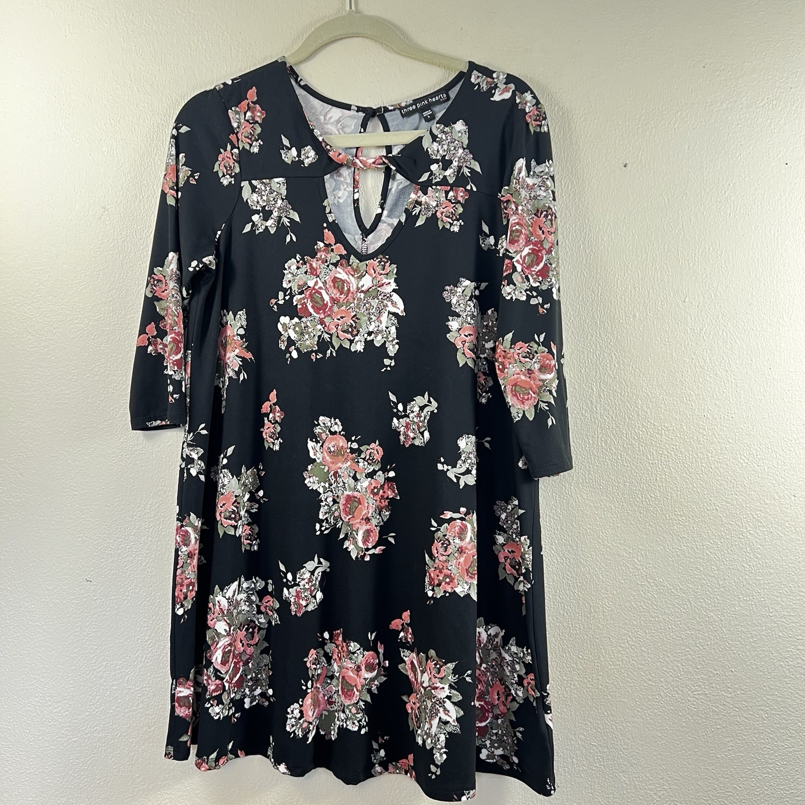 THREE PINK HEARTS A-line Soft Knit Floral Dress, Cottage Core Black Blush Pink