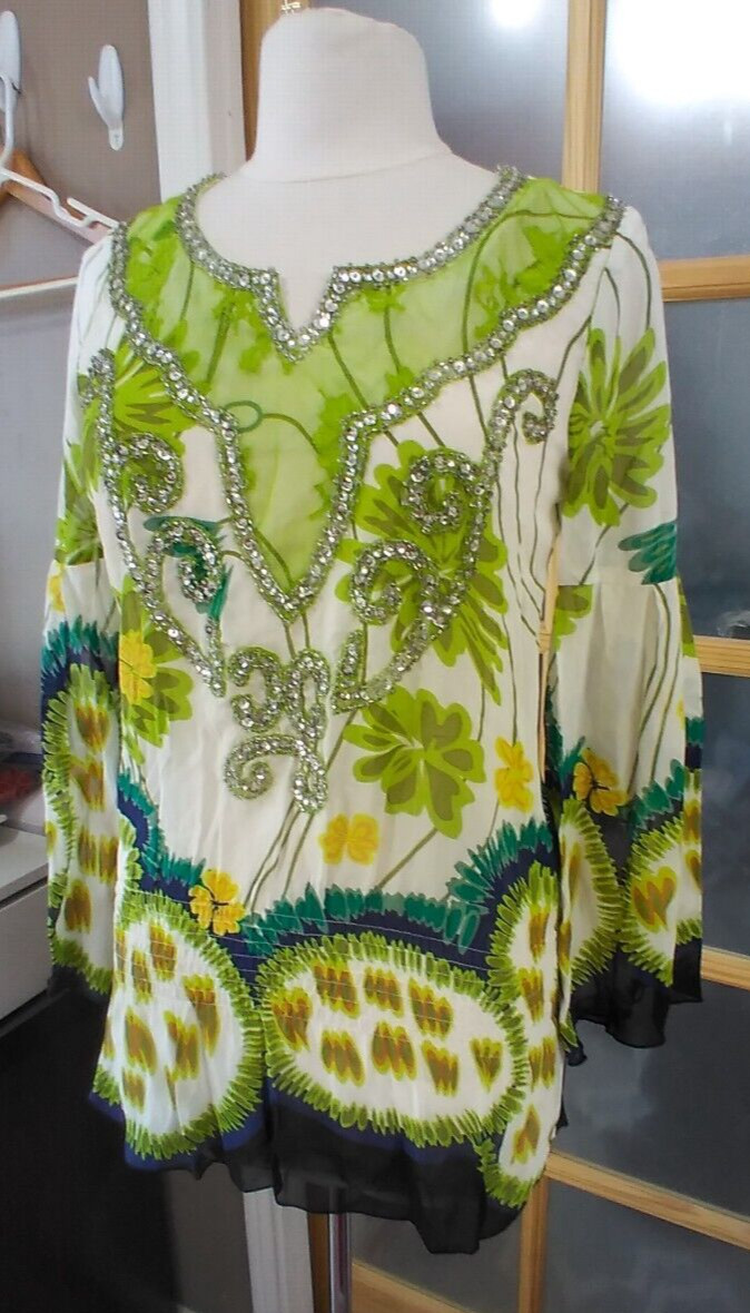 Sequin Beads Floral Shirt Green White Bell Sleeve Blissitude Sz XS Wearable Art