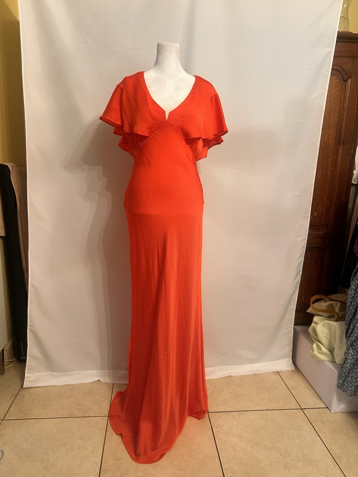 Topshop Red Solid V-Neck Ruffle Short Sleeve Long Maxi Dress, Women’s US 8