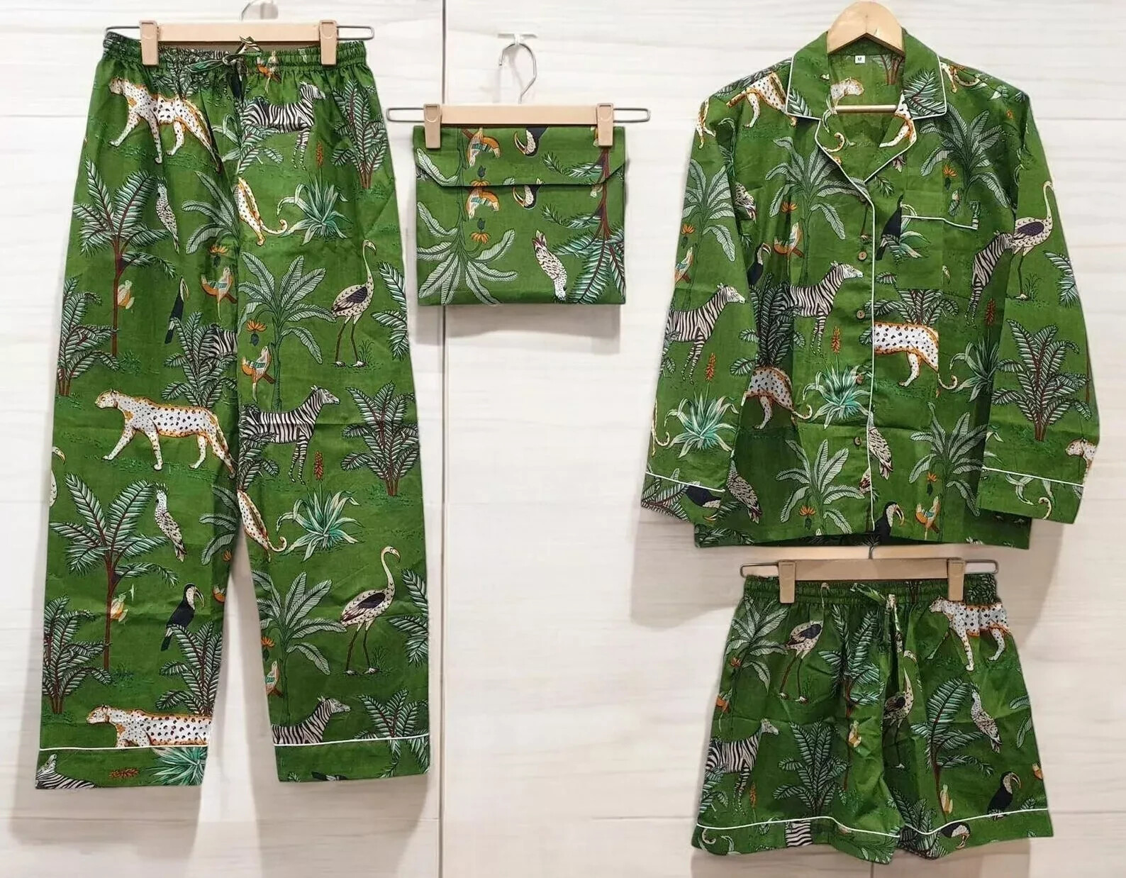 Green Jungle Print Pajama Set, 100 % Cotton PJ Set, Lounge Women Night wear