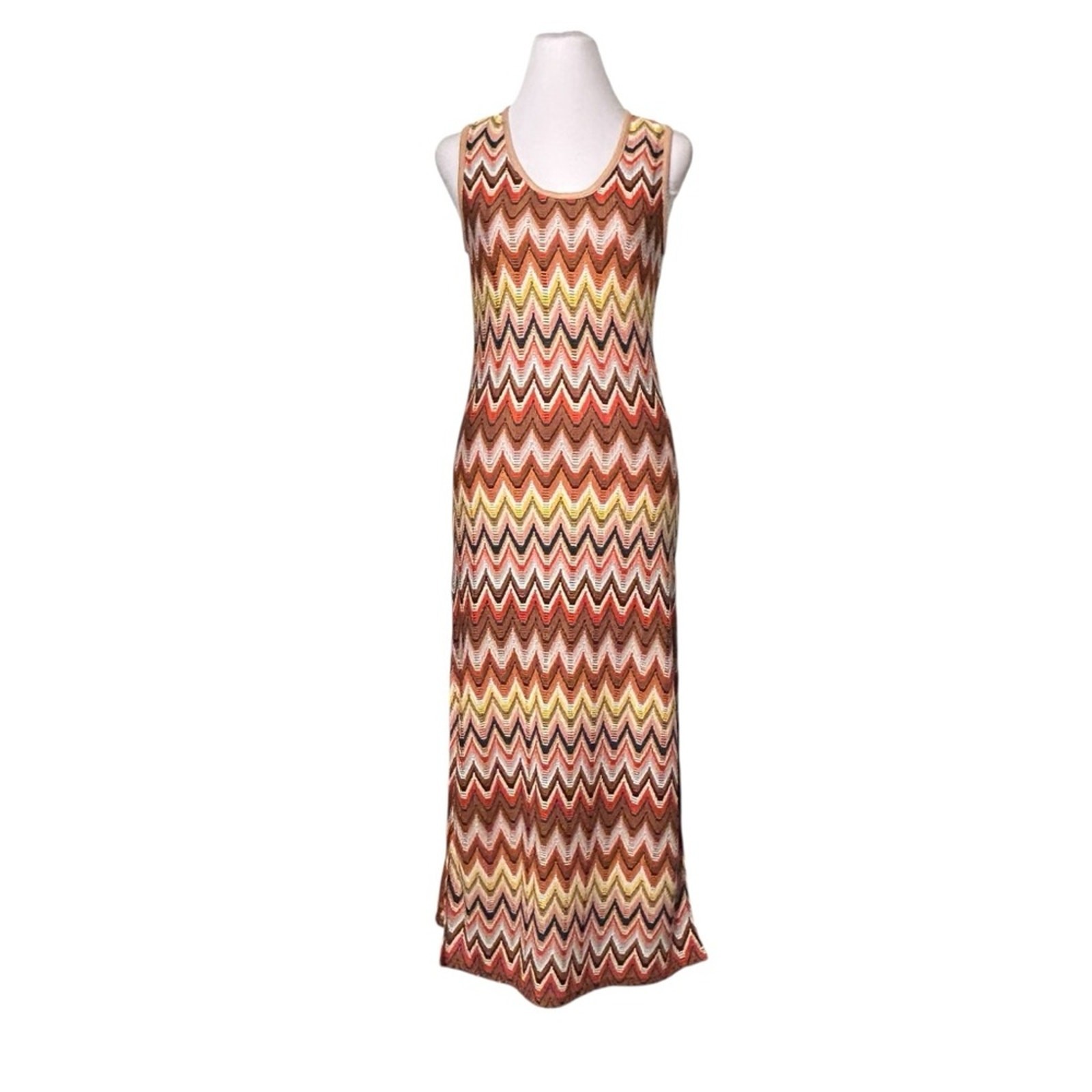 Willa Story Maxi Tank Dress Size S Chevron Stretch Knit Brown Rust Lined 70’s