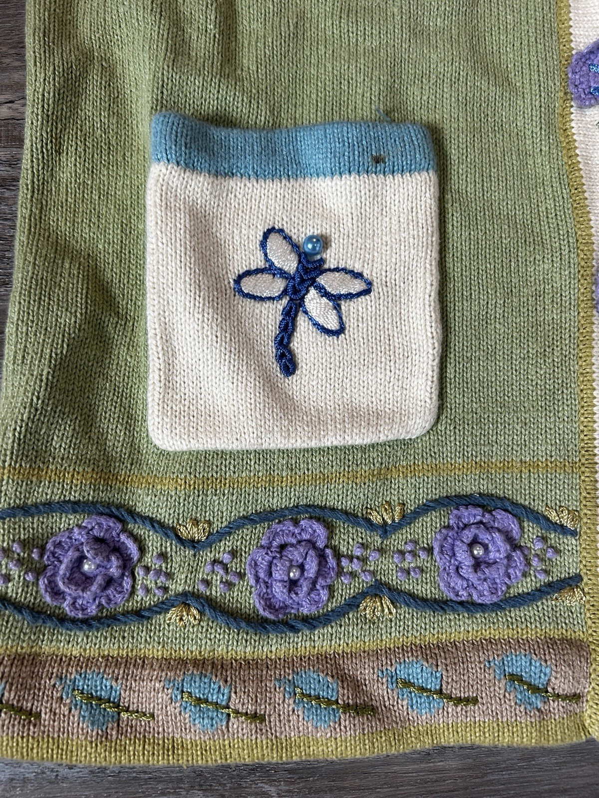 Green/Blue Floral Embroidered Button Front Collared Knit Cardigan Pockets