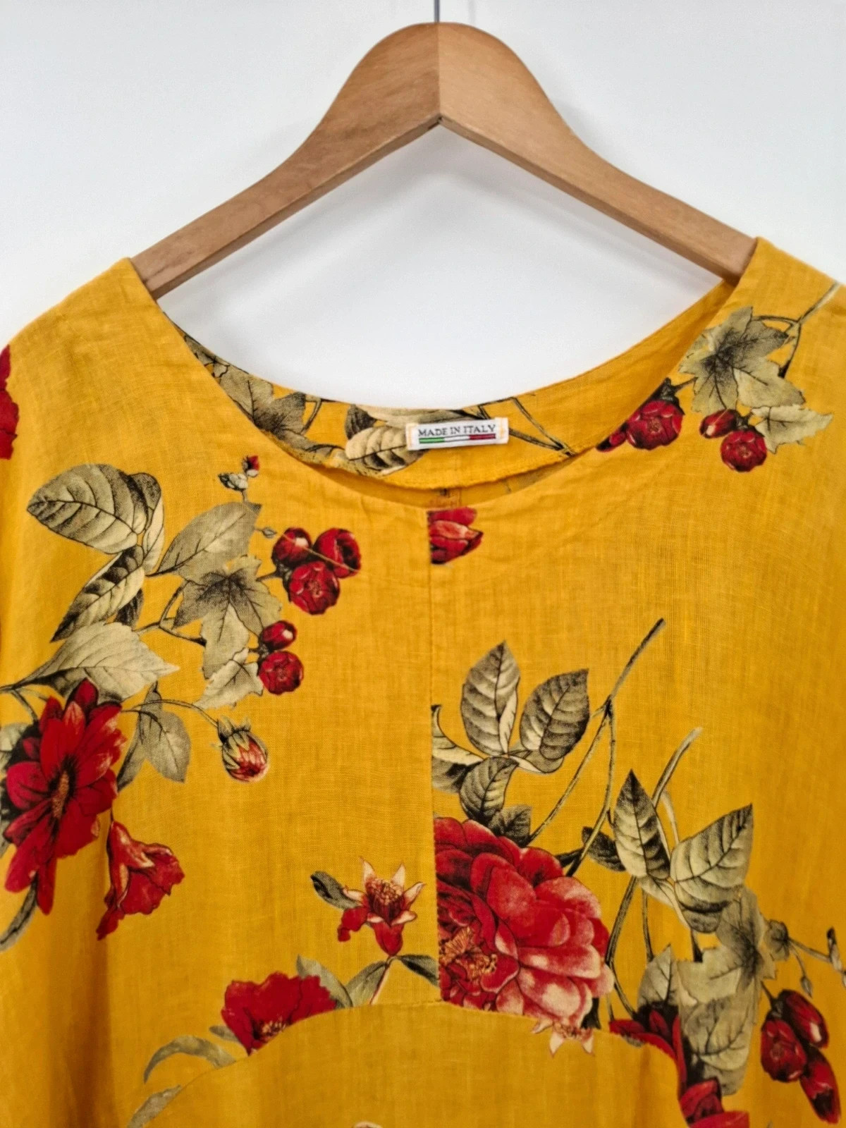 Made In Italy Yellow Floral Linen Balloon Hem cocoon Midi Dress summer One Size