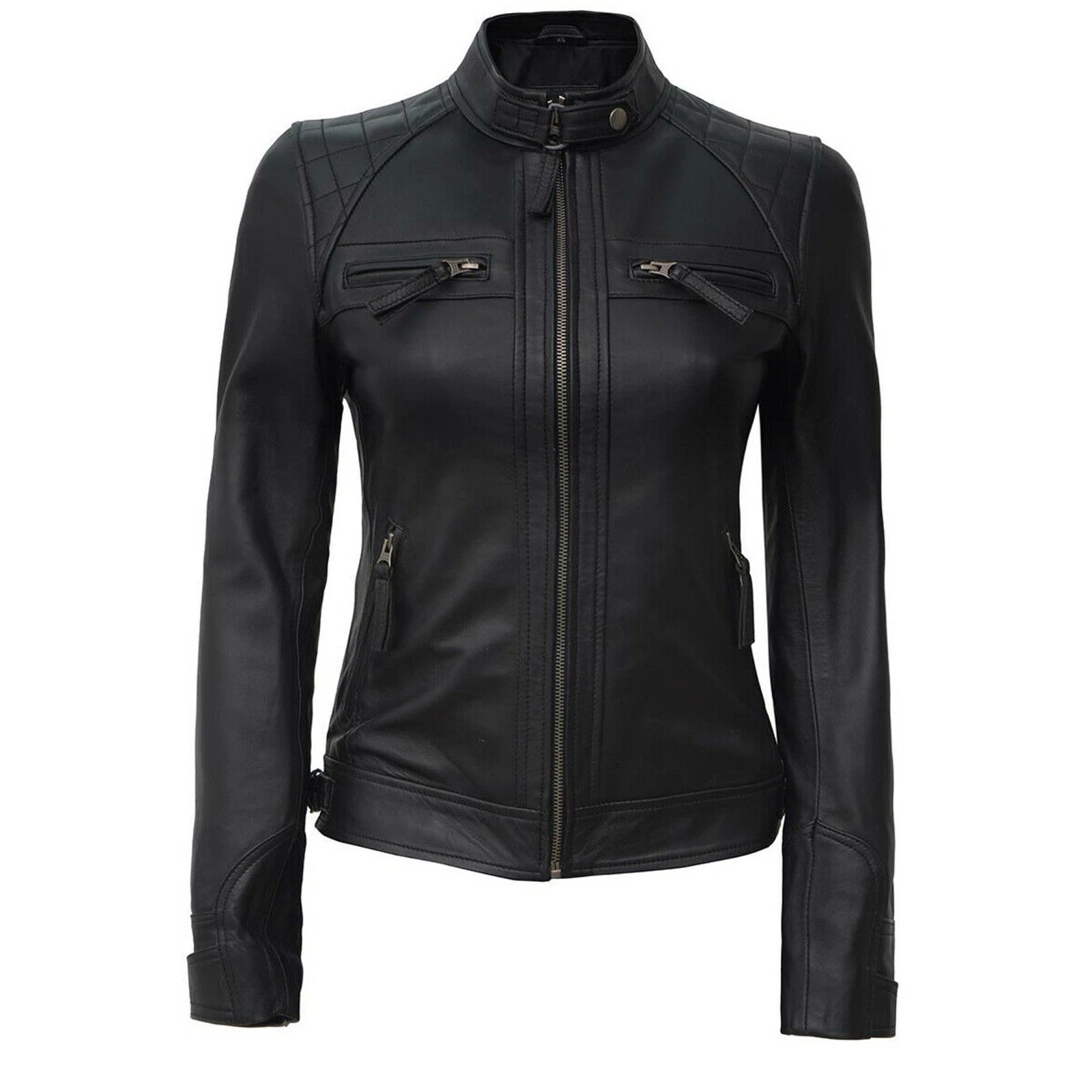 Ladies Women Black Slim Fit Biker Lambskin Leather Designer Soft Leather Jacket
