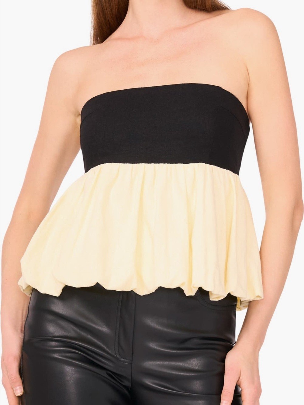 PARKER NWT Strapless Black Linen Blend with Creme Bubble Peplum LEIA Top Size S