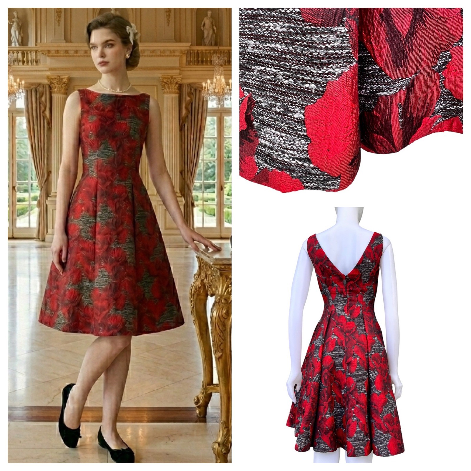 Adrianna Papell Floral Jacquard Fit & Flare Dress Red Black V-Back Old Money 4
