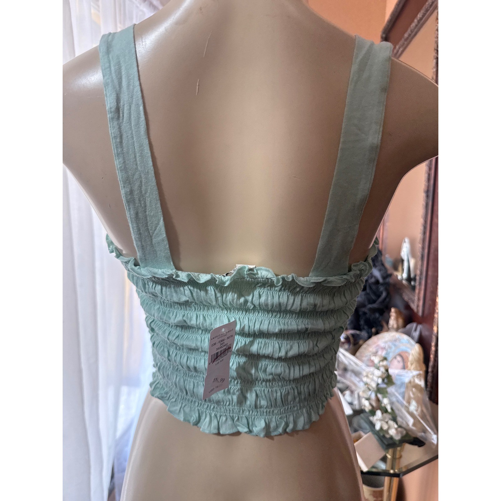 American Eagle Mint Green Smocked Ruffle Crop Top NWT XS