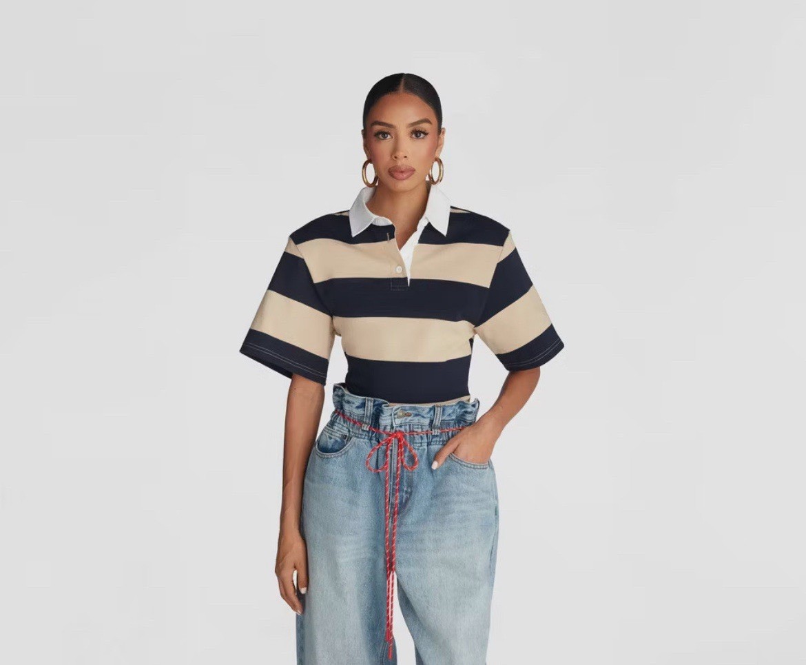 KBB by KAHLANA Women’s Short Sleeve ‘The Fitted Rugby Shirt’ – Navy/Tan Sz Small