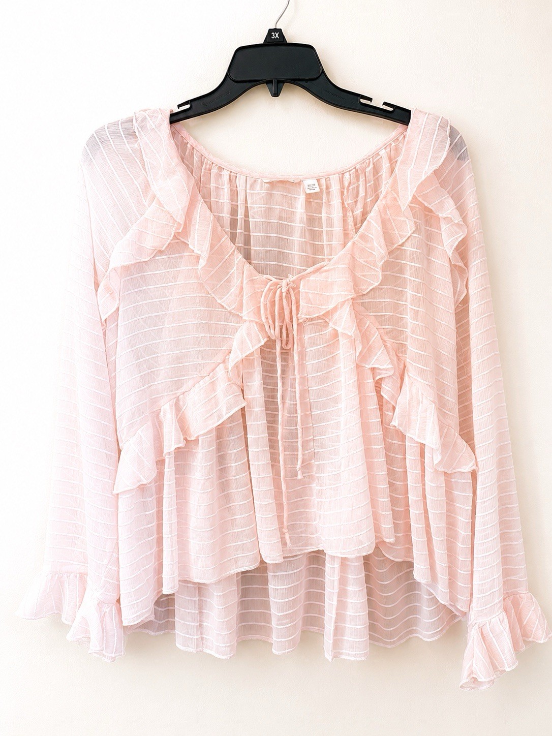 Cato Plus 18/20 Pink Striped Ruffle Tie V-Neck Long Sleeve Blouse