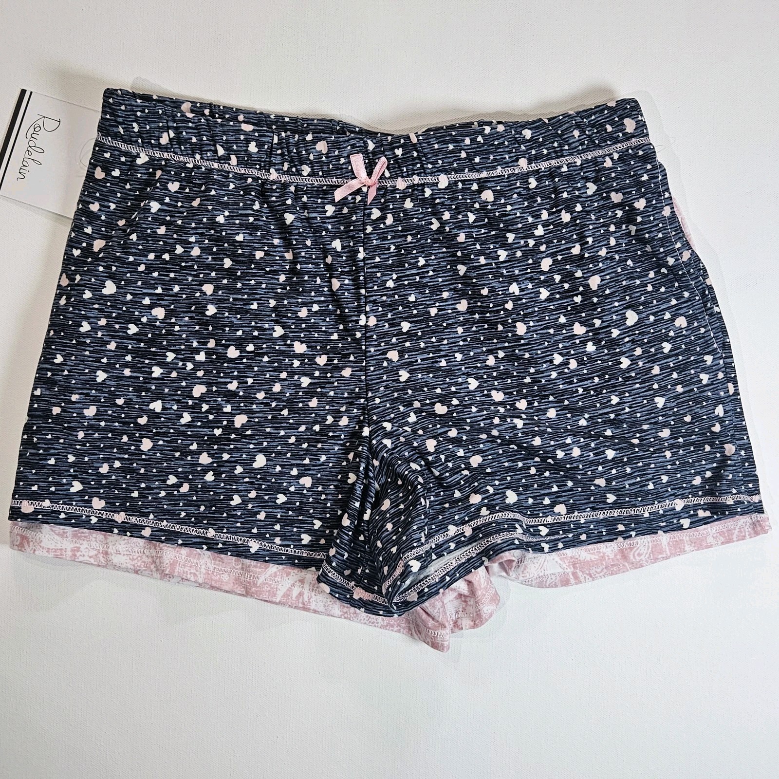 Roudelain Shorts Womens Small Set Of 2 Blue White Hearts Pink White Sleepwear