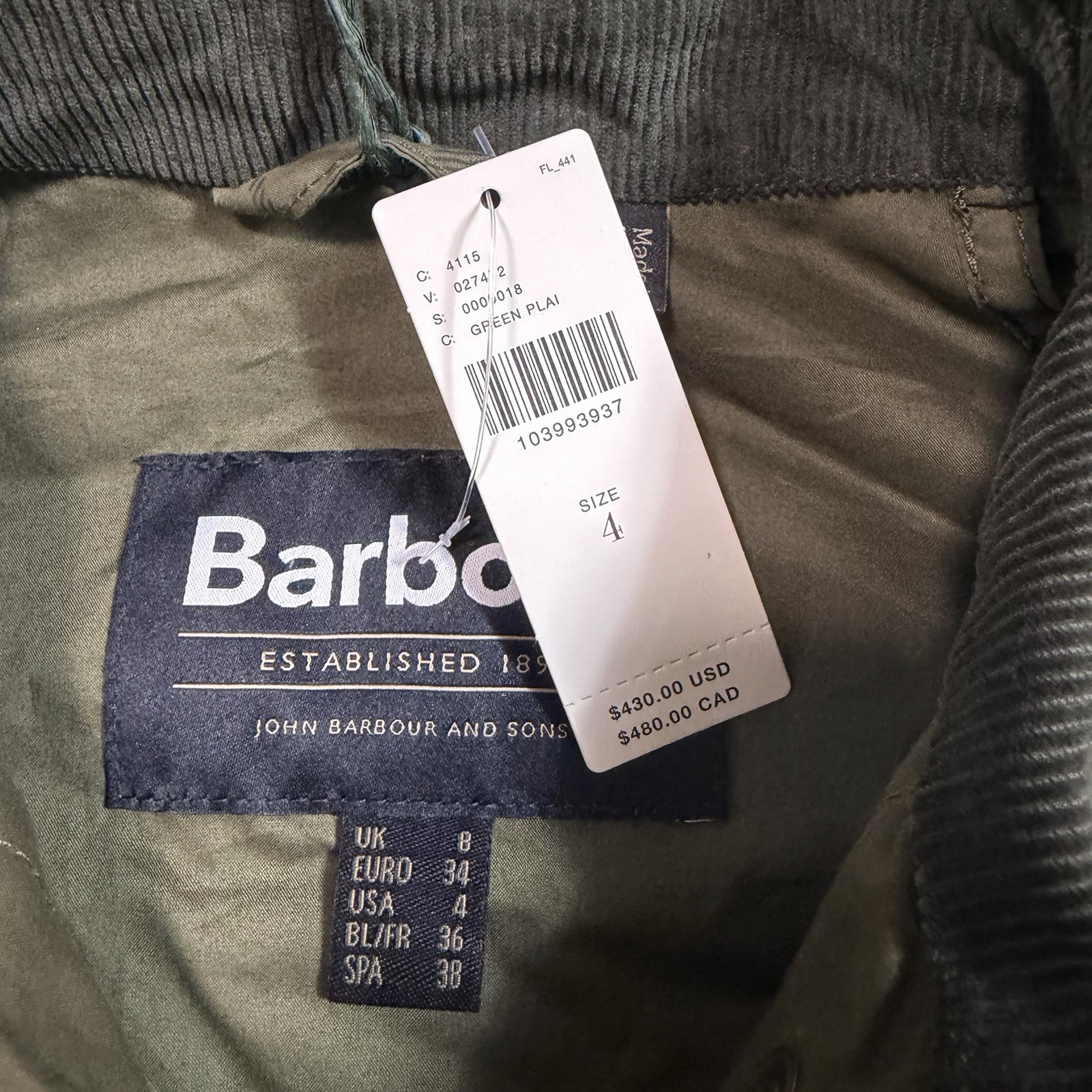 NWT Barbour Green Tartan Cropped Beadnell Casual Jacket Size 4 21×22 Inches