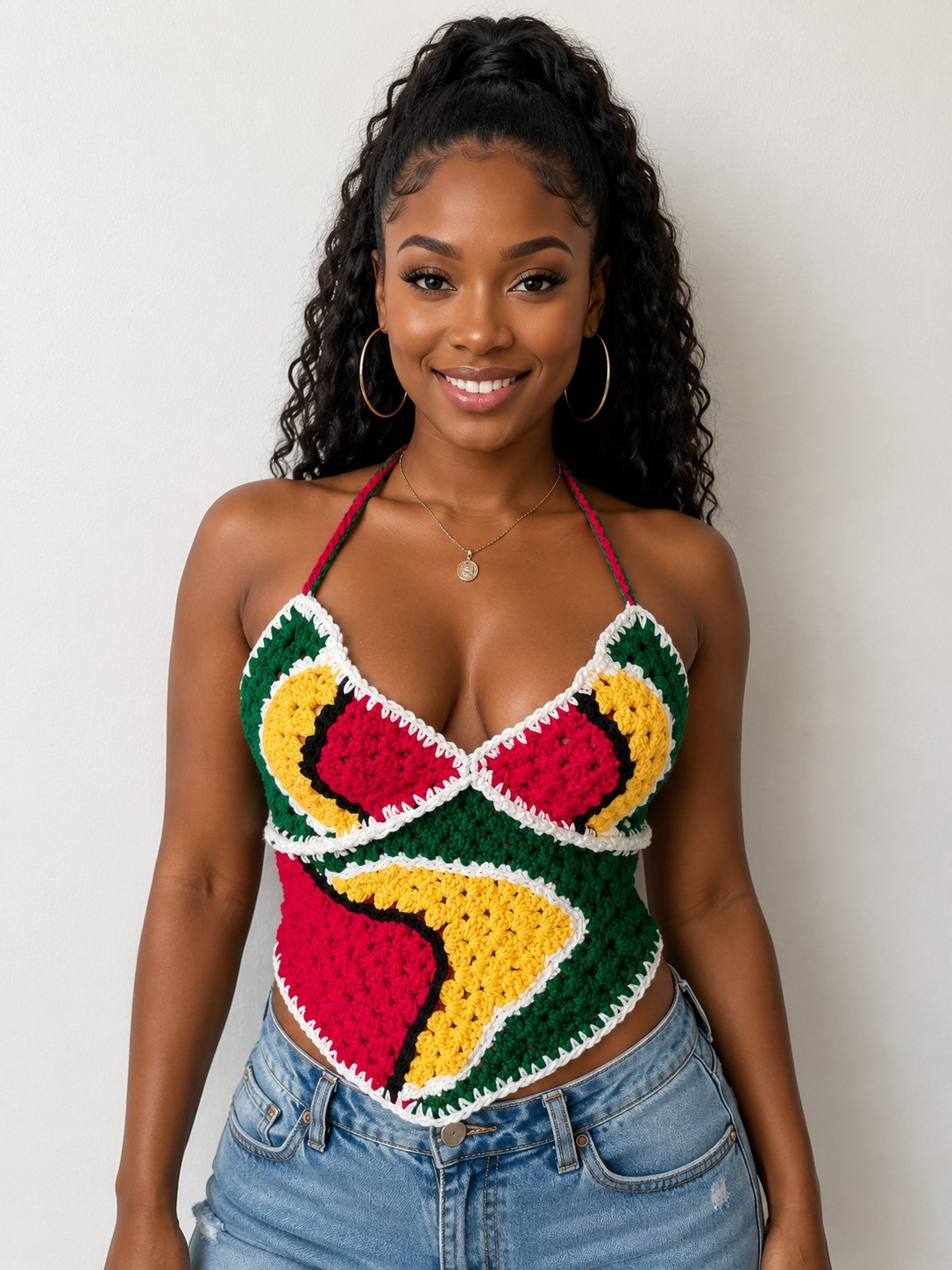 Women’s Colorblock Crochet Halter Top M/L Green Yellow Red- Guyana