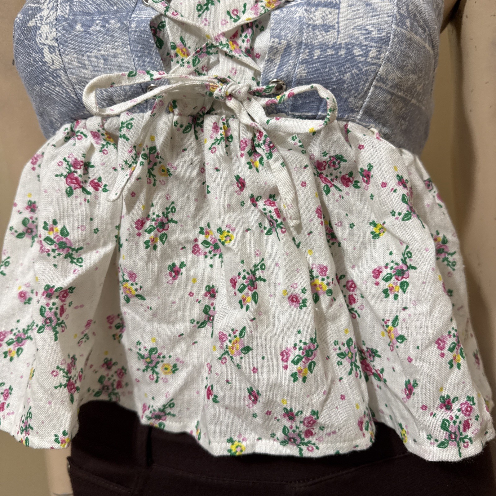Women’s White Blue Floral Polyester Summer Open Slim Lacing Size S Blouse Top