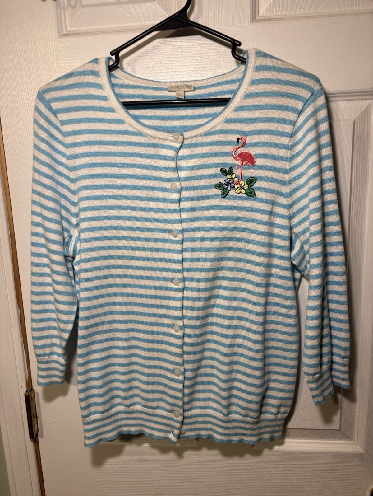 Talbots Women’s Petites LP Blue White Striped Cardigan Flamingo Embroidery