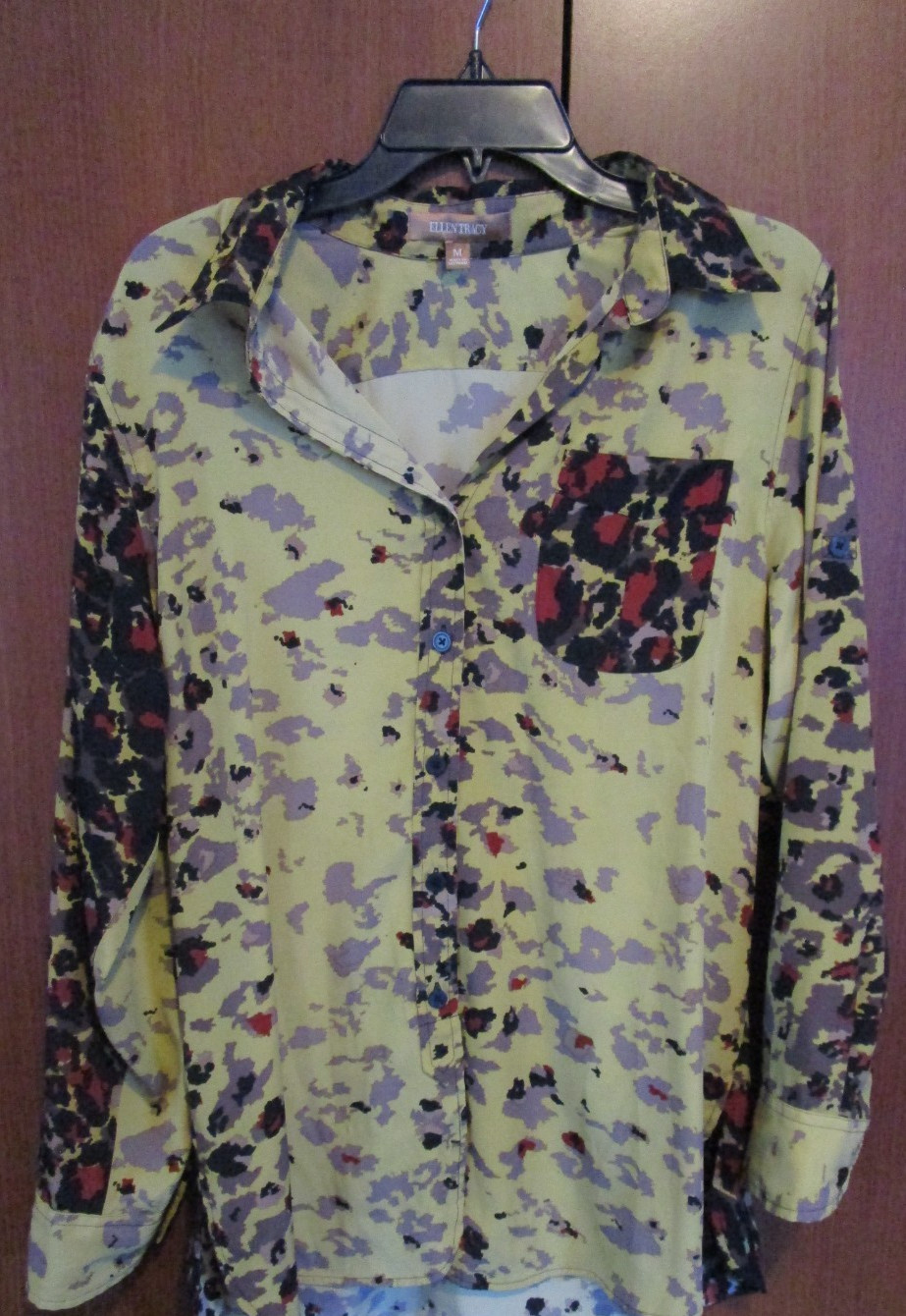 Ellen Tracy Blouse Button w Pocket Medium Polyester Bust 43 Length 29.5 in