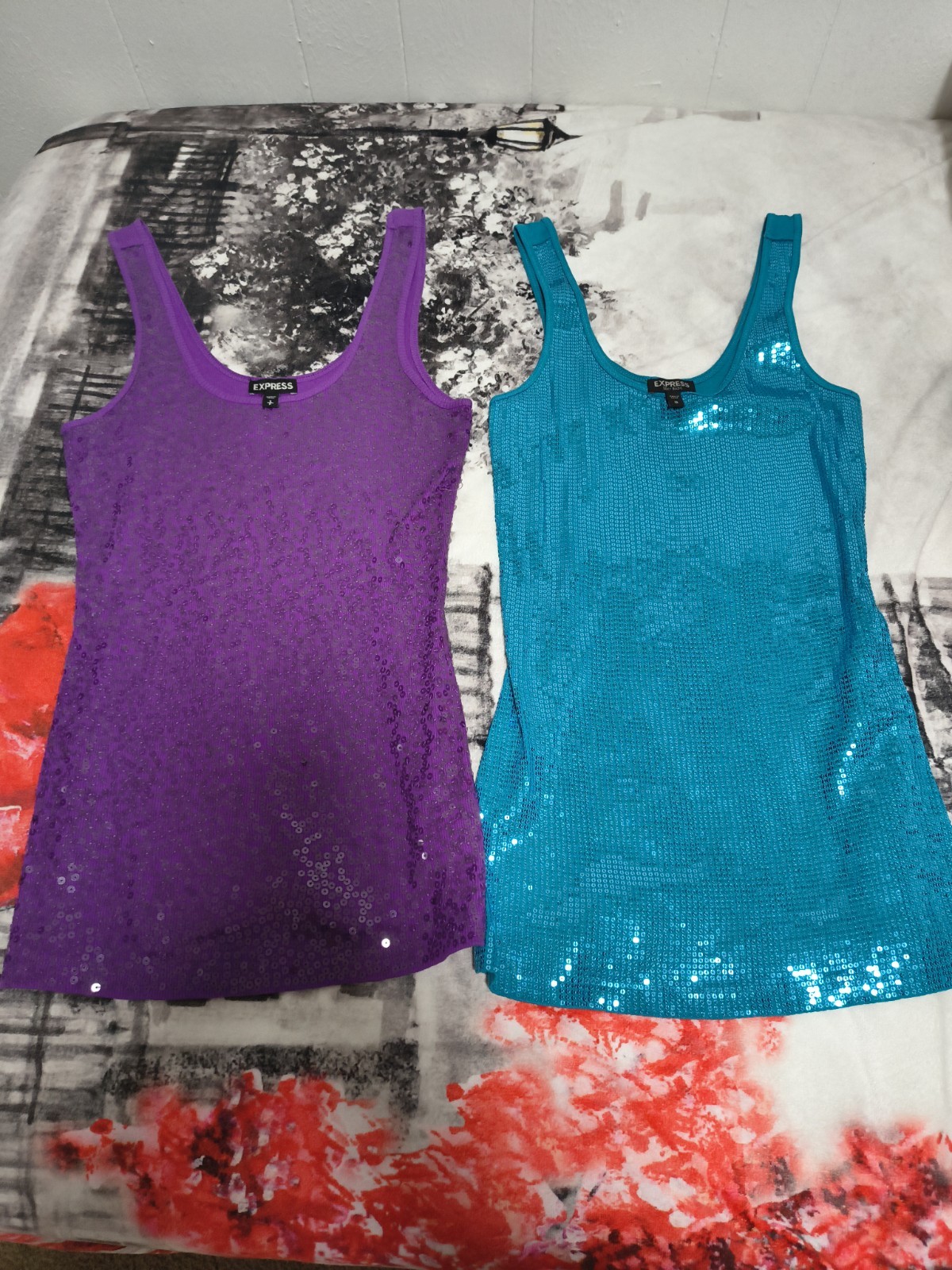 Express Sequin Knit Tank Tops Lot of 2 Purple Blue Size S Scoop Neck
