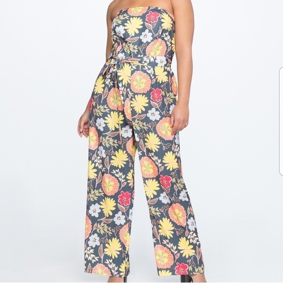 Eloquii Floral Strapless Wide Leg Jumpsuit Blue Yellow Pink Plus Size 28