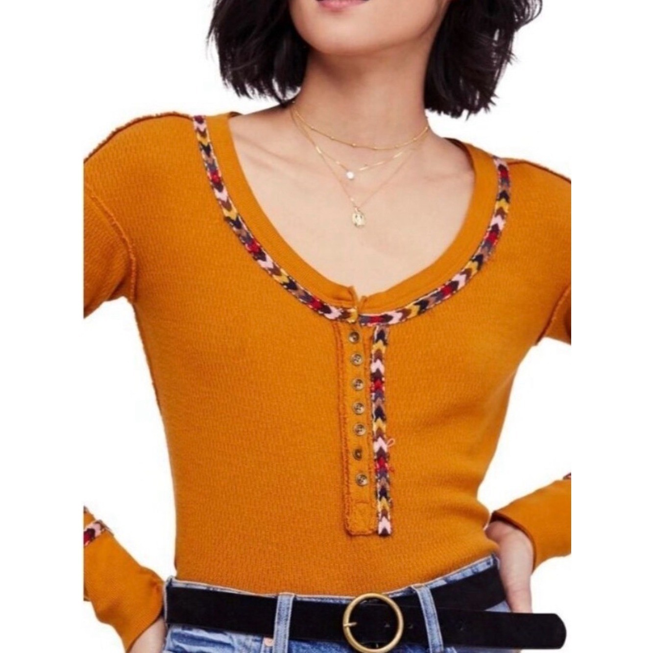 Free People We the Free Rainbow Embellished Thermal Long Sleeve Top Mustard Sz M