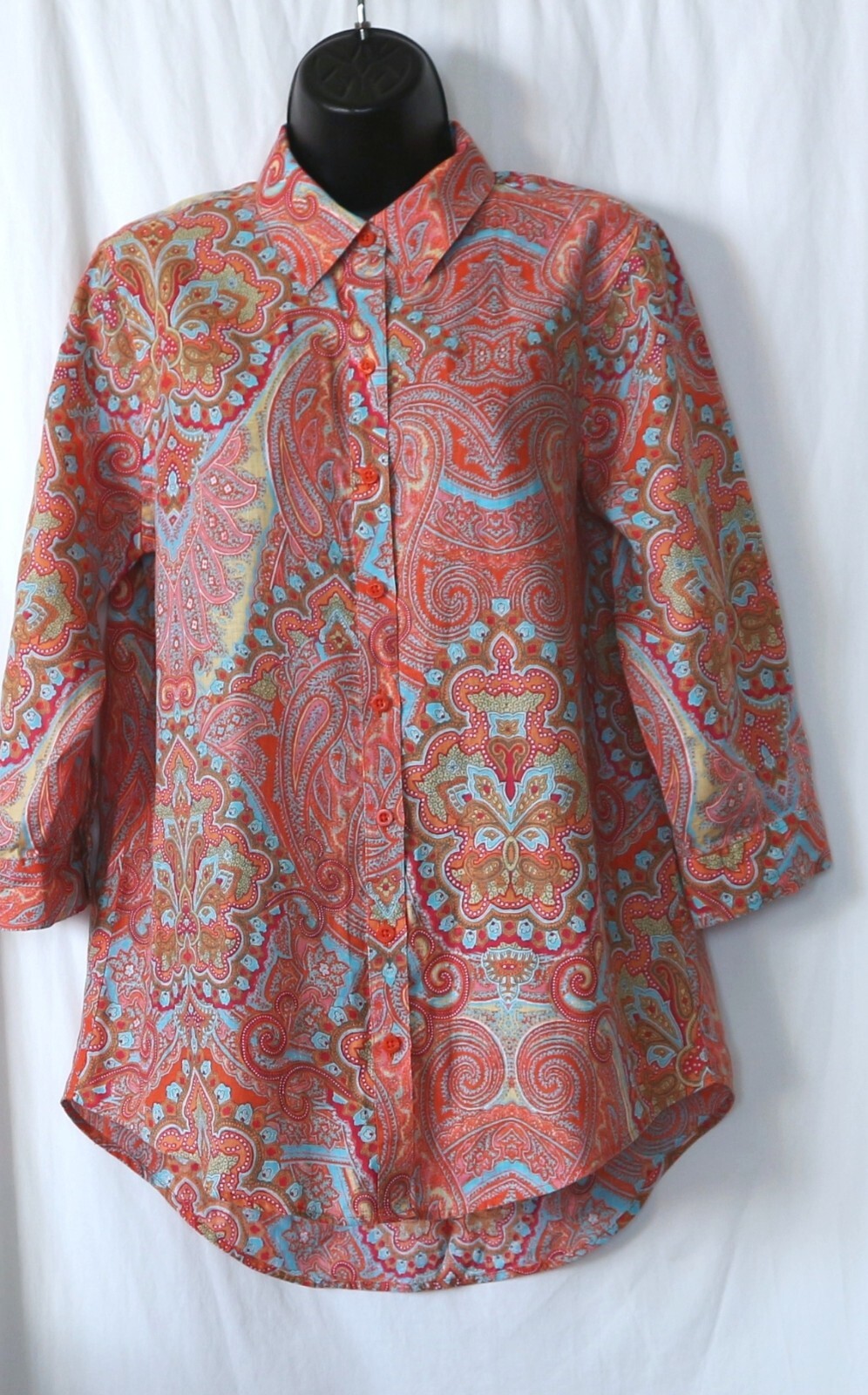 CHICO’S Orange Paisley No Iron Linen Blse 40 In Chst 29.5 In Lng Sz 0 (S) EXC