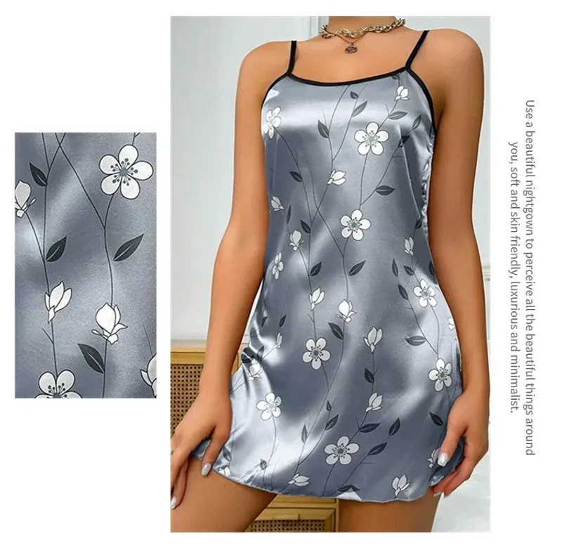 Women’s Sleepwear Summer Floral Print Satin Nightgown Casual Sleeveless Backless