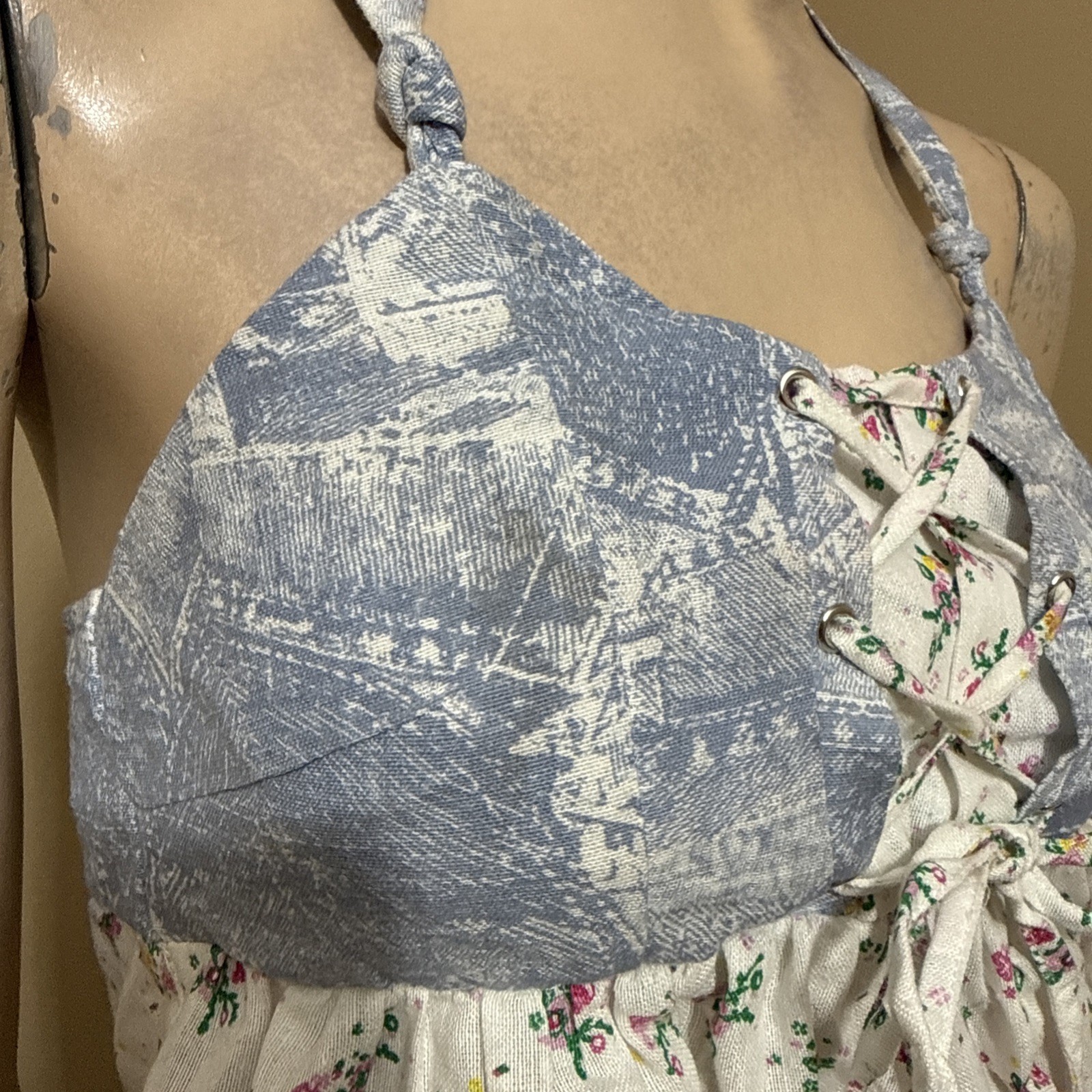 Women’s White Blue Floral Polyester Summer Open Slim Lacing Size S Blouse Top
