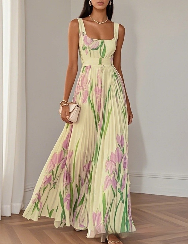 Sleeveless Formal Pleated Printed Dress Women A-Line Elegant Party Summer Midi