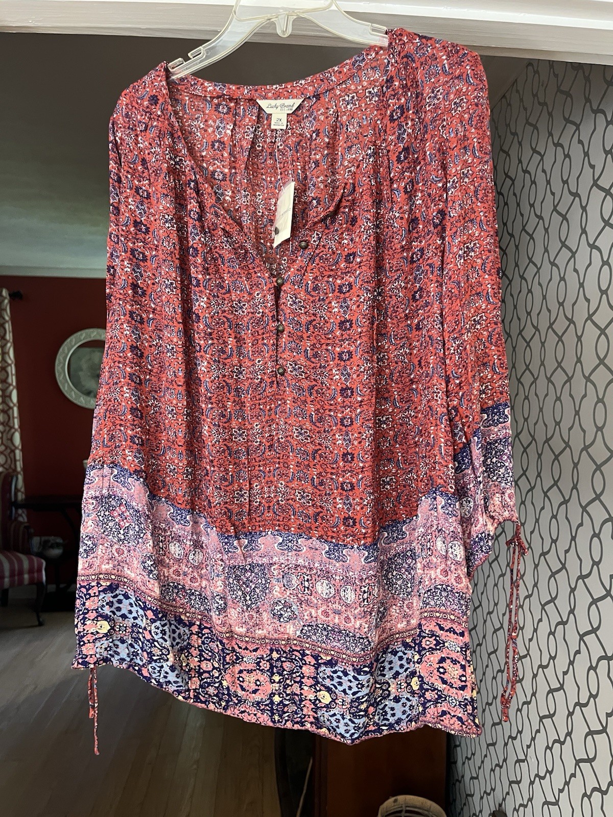 Lucky Brand Tapestry Henley Smock Top Shirt Women’s Sz 2X – Boho – NWT