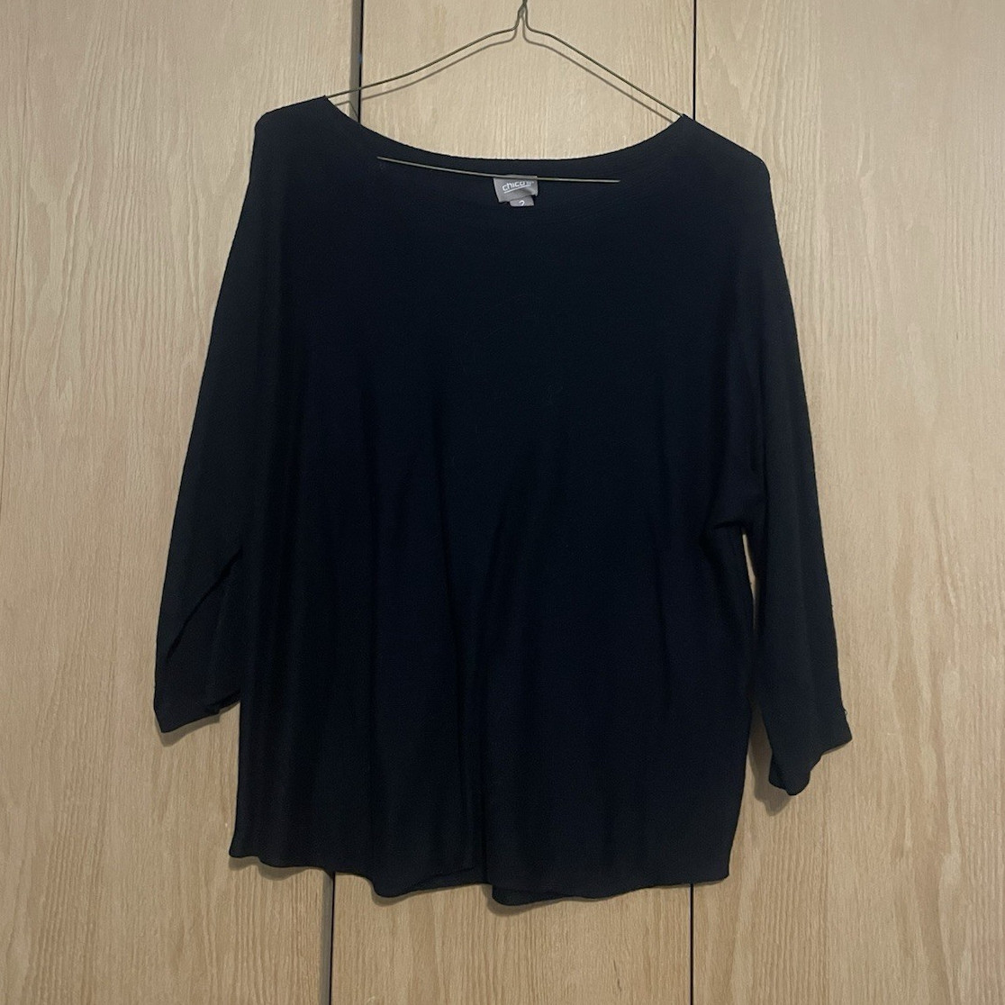 Chico’s Women’s Black Solid Boat Neck 3/4 Sleeve Knit Pullover Top 2