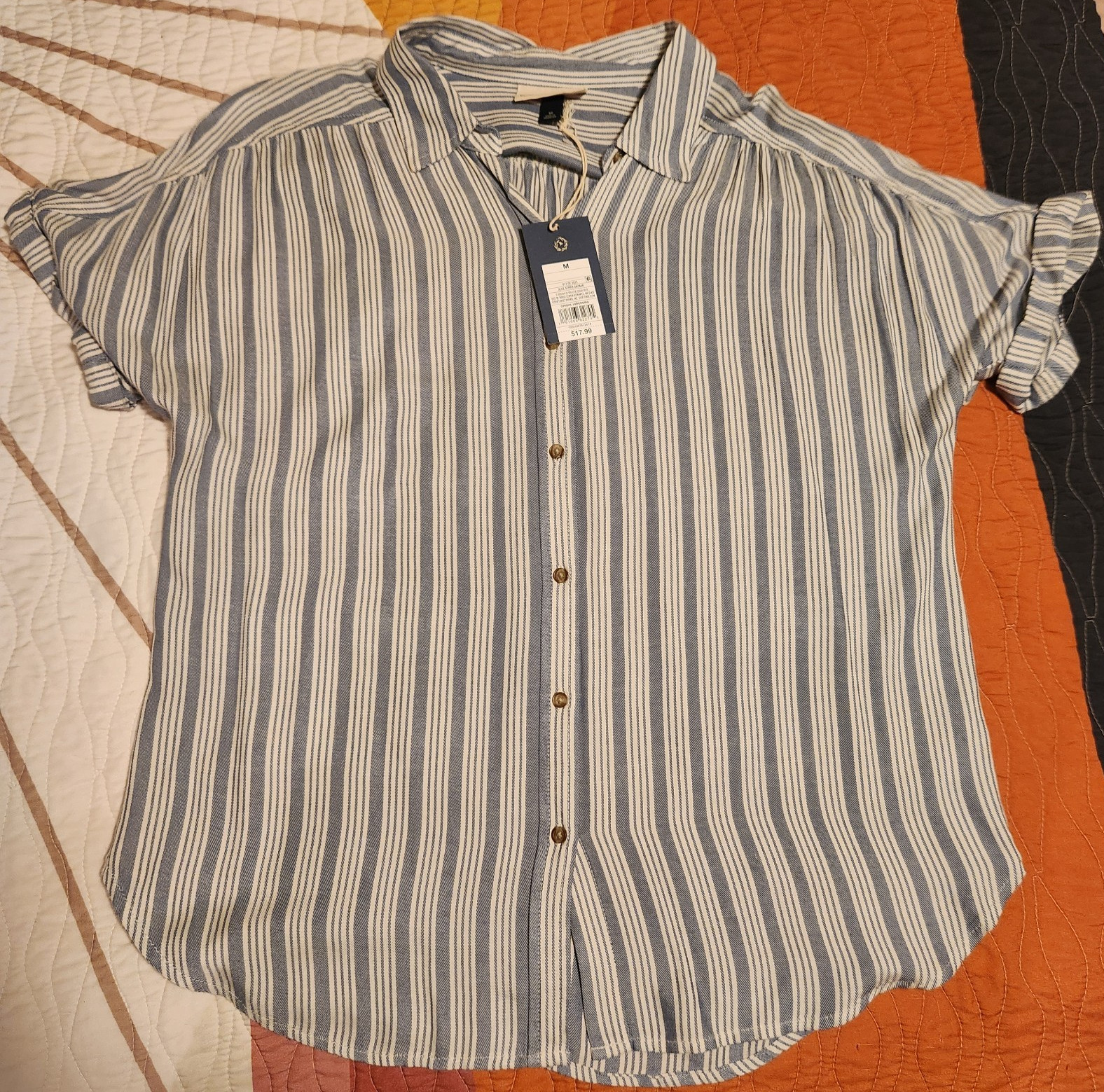 Universal Thread Striped Collared Button-Up Shirt, Short Sleeve Size M