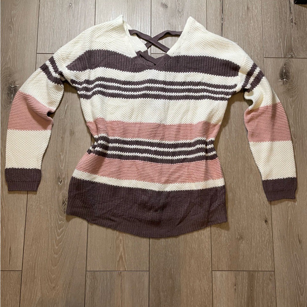 Love Circle Maternity Cozy Warm Comfort Striped Knit Sweater M with Cross Back