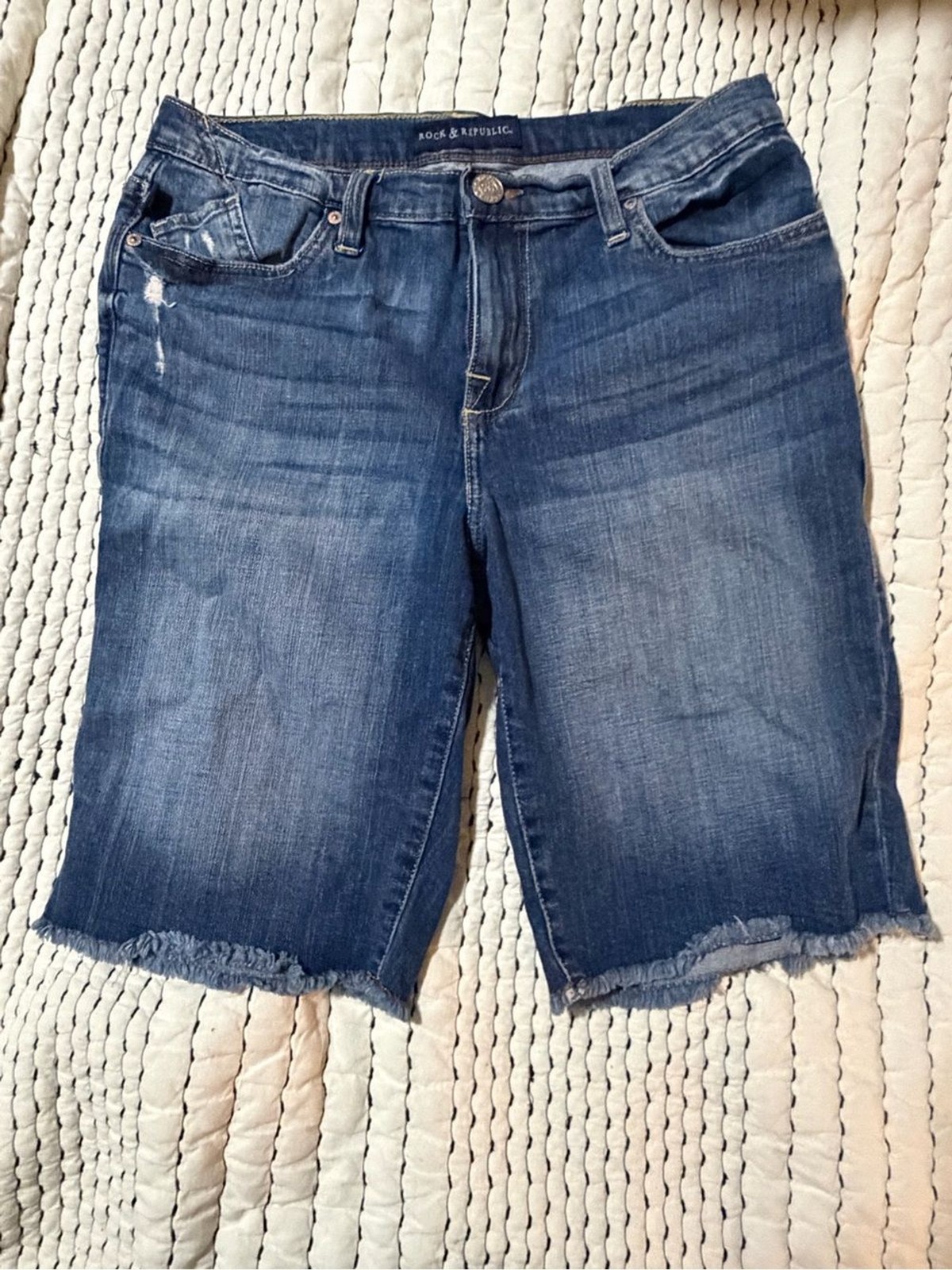 Rock & Republic Medium Blue Distressed Denim Bermuda Shorts