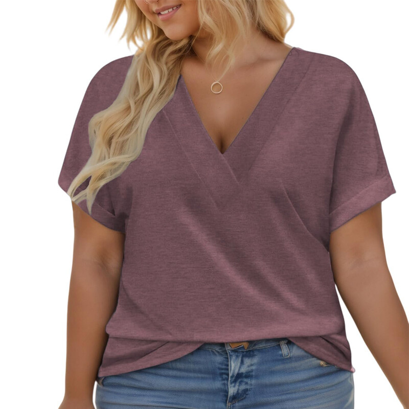 Trendy Summer Tops, Plus Size Women V Neck Rolled Sleeve Tees