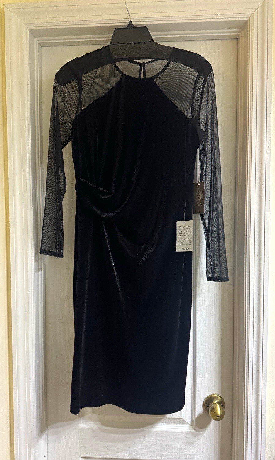 Vince Camuto Women’s 10 Black Solid Velvet Sheath Knee Dress Sheer Mesh Sleeve