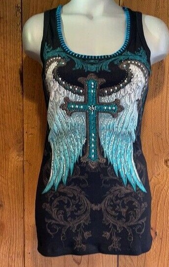 nwt VOCAL western tank top SEXY BLACK TEAL SM-3XL CROSS RHINESTONES wings MOTO