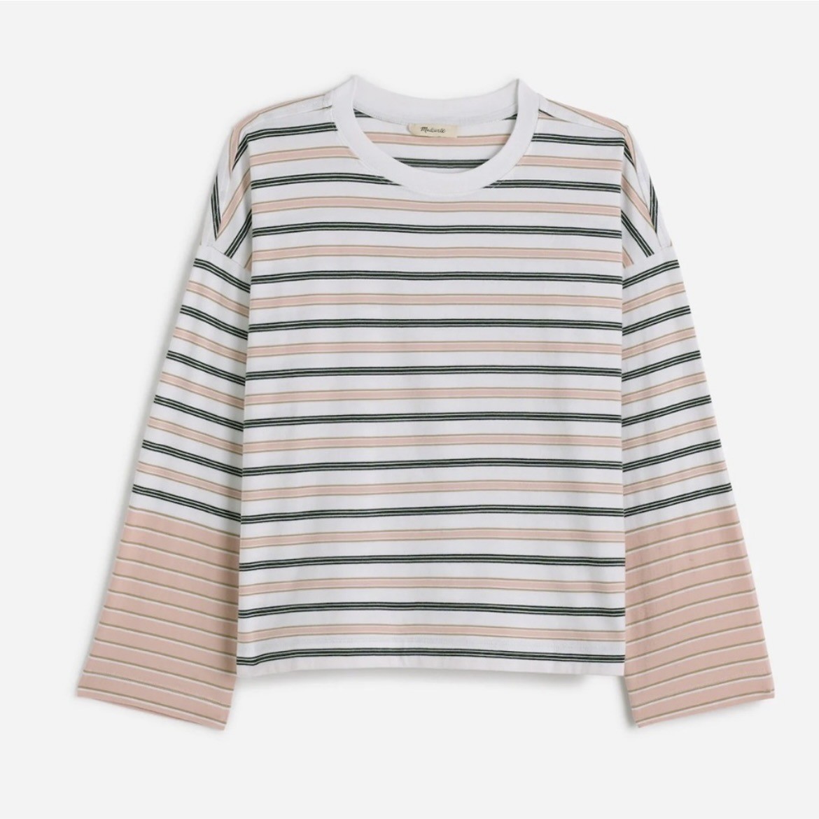 Madewell Top Womens S White Pink Easy Crewneck Long-Sleeve Tee Striped Cotton