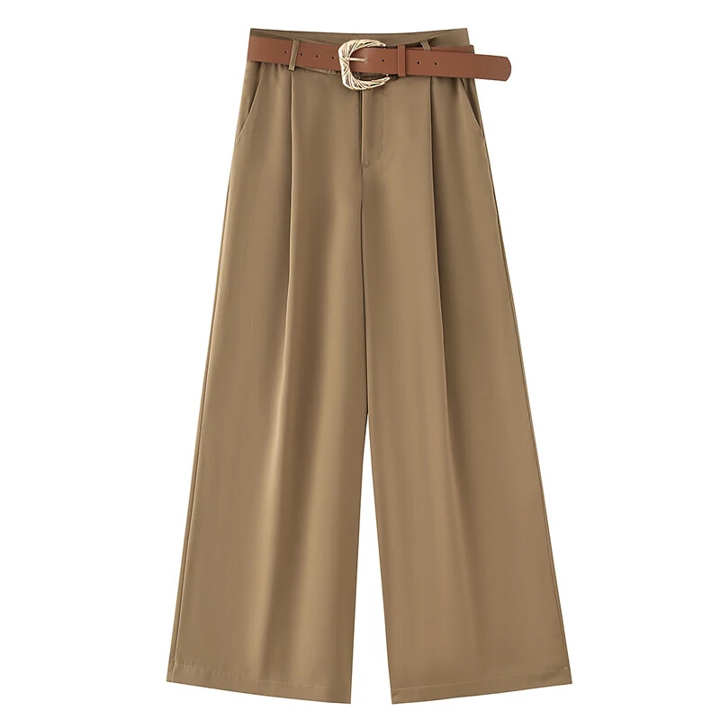 Women’s Pants High Waist Wide Leg Pants with Belt Satin Long Trousers Pocket