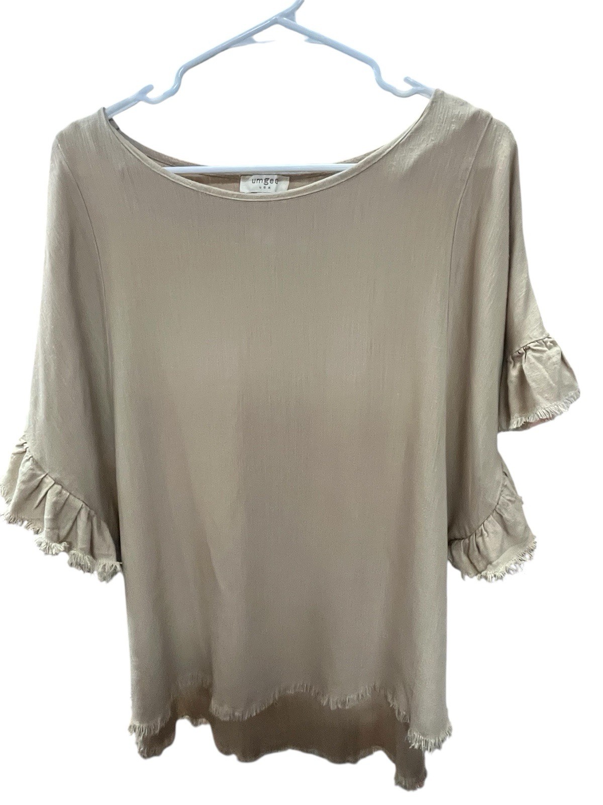 Tan 55% Linen 45% Rayon Loose Fit Ruffle Shirt Sleeve Rae Edges Size L
