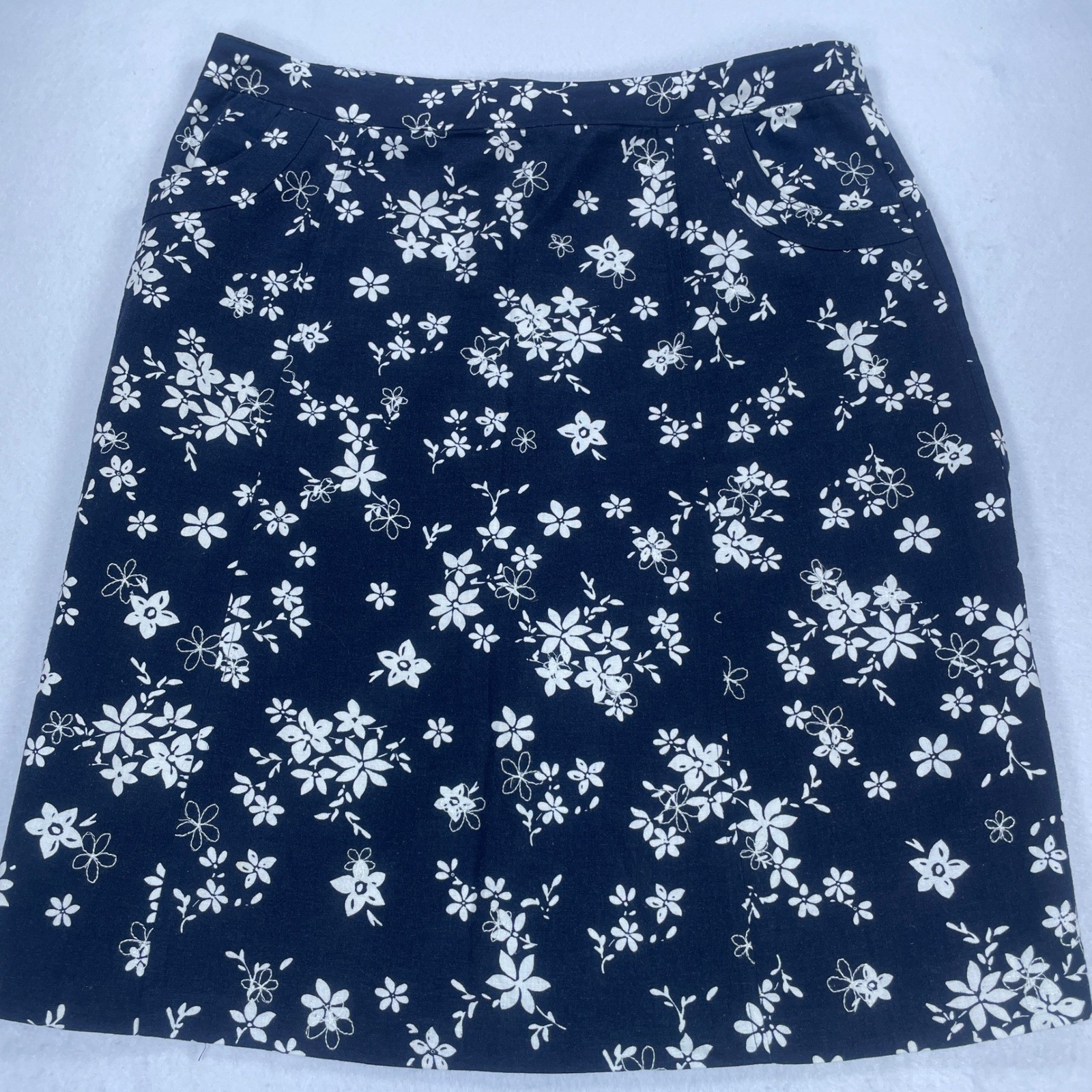 Christopher & Banks Navy Blue Floral Linen Blend Embroidered A-Line Skirt 16