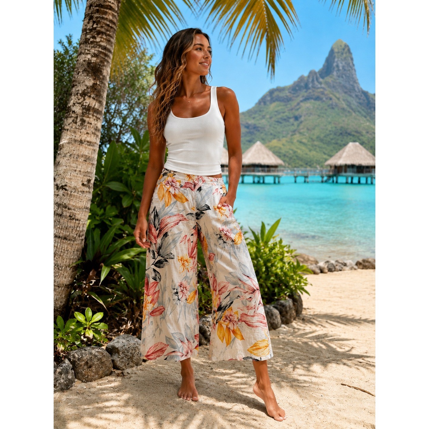 Linen Cropped Wide Leg Resort Pants Tropical Floral Size L Coastal Boho